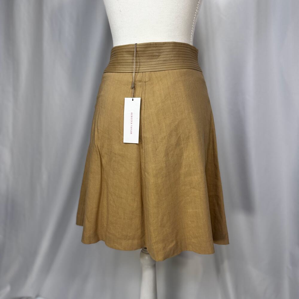 Rebecca Taylor Mini Skirt Sz 2 Sand Linen Lamb Leather Trim Geometric A-Line NWT - Picture 15 of 16